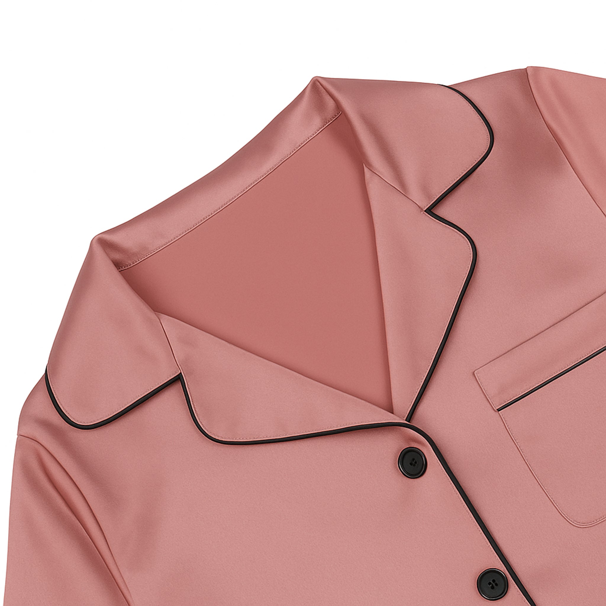 Women's soft silky touch satin pyjama set in rose pink with black piping, long sleeve button-up top and matching full-length trousers, comfortable nightwear